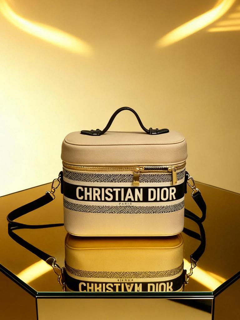 Dior Beauty Peripheral Cosmetic Case, Beige Striped Travel Makeup Box, Women Brand Cosmetic Handbag with Detachable Shoulder Strap