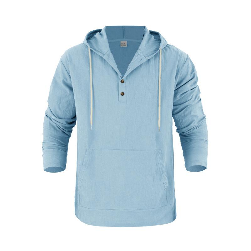 Men's Linen Hooded Long-Sleeved T-Shirt Beachwear & Leisurewear Loose Fit with Large Pockets Henley Neck Top