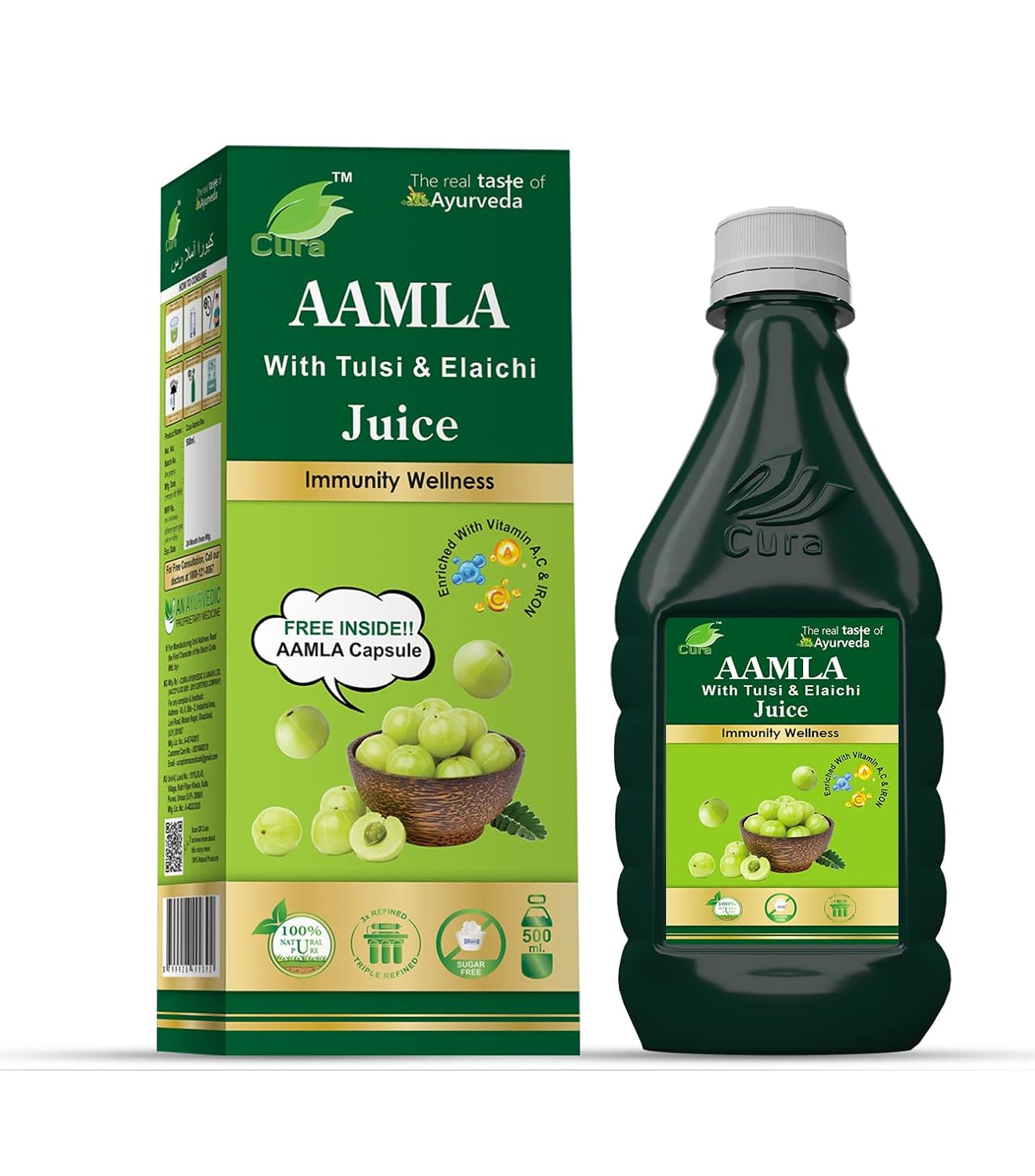 

Cura Ayurvedic Aamla Ras With Tulsi & Elaichi, Free Amla Capsules | 500ml 1.1lbs