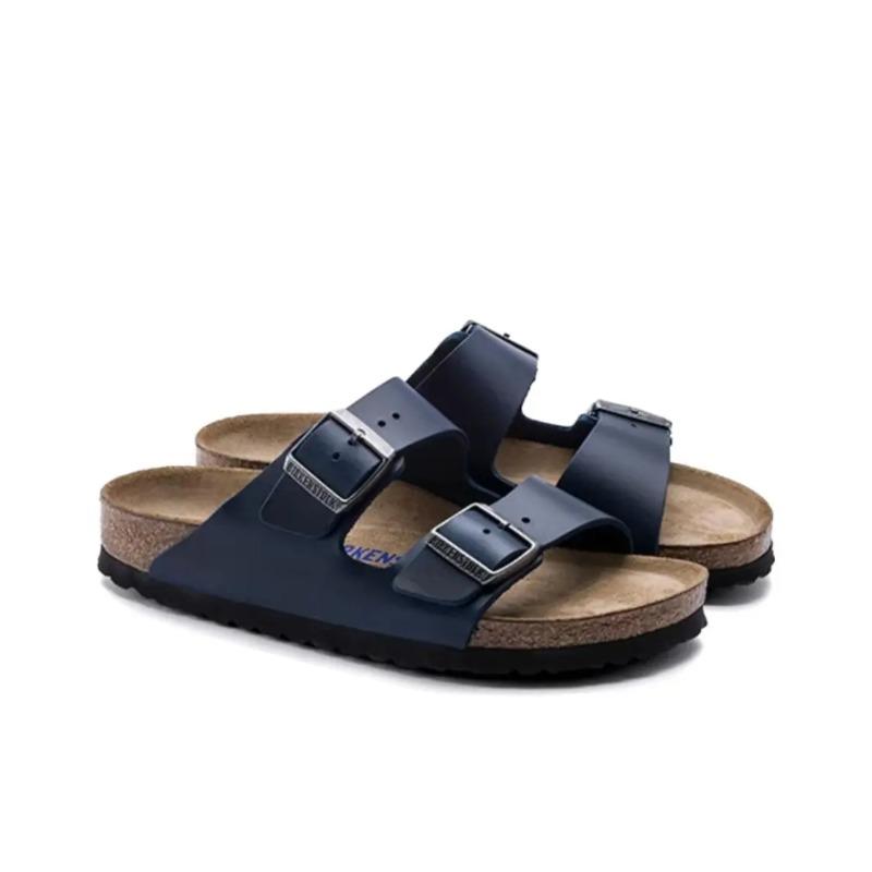 Birkenstock Unisex Top-grain Leather Soft Comfort Thick Sole Versatile Metal Buckle Slide Sandals Blue Regular Fit 1013643 42