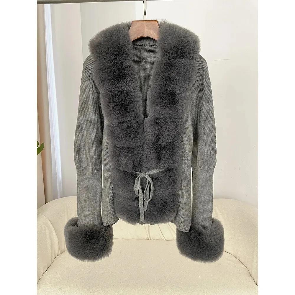 Autumn Winter Women's Fur Coat Patchwork Knitted Sweater Bandage Fur Cardigan Detachable Collar Jacket Faux Fur Coat