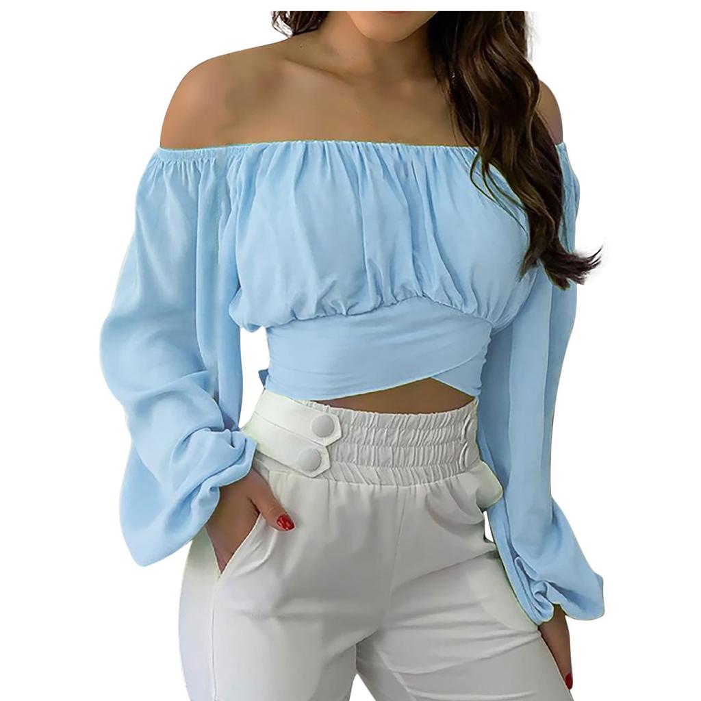 Women's Fashion Casual Summer Off Shoulder Cross Strap Long Sleeved Top