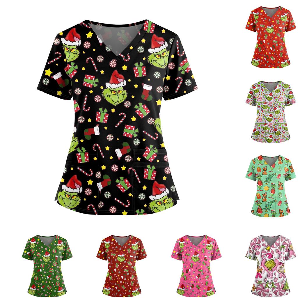 Women's Christmas Print V-Neck Double Pocket Short Sleeve Uniform Top With Slit Hem