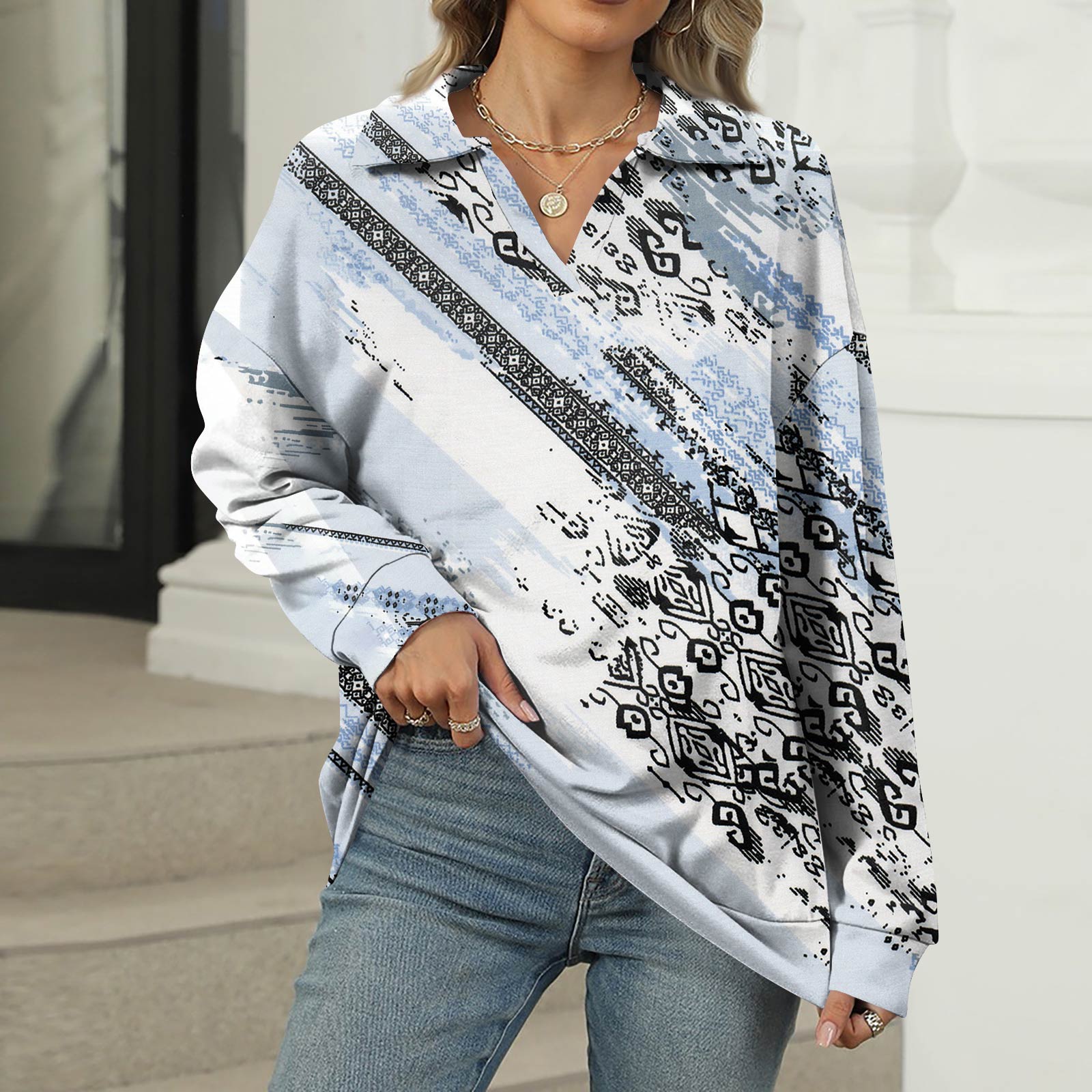 

Женская летняя модная повседневная рубашка с v-образным вырезом и длинным рукавом с принтом, топ S