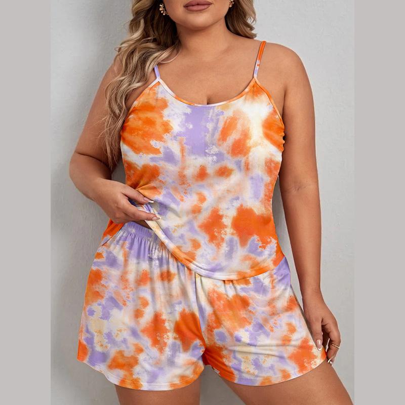 

летний комплект пижамы больших размеров 3XL 4XL 5XL майки на бретелях и шорты Повседневная свободная пижама с принтом тай-дай для женщин Комплект для сна домашняя одежда 5XL