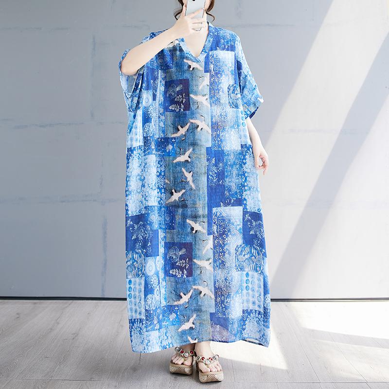 DIMANAF 2025 Summer Plus Size Dress Basic Women Casual Loose Blue Vintage New Long Oversized Dress Maxi