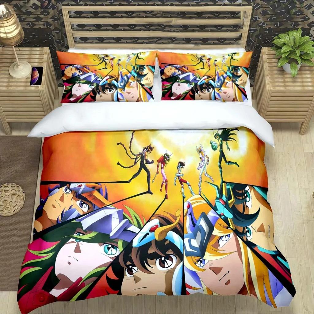 Saint Seiya 3D Bedding Set Black Duvet Quilt Cover Set Comforter Cover Pillowcase King Queen Size Polyester Quilt Cover