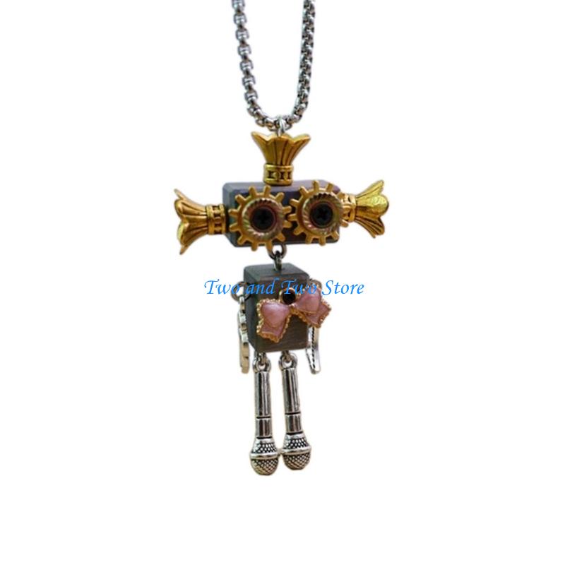 HX6F Wooden Robot Pendant Necklace Stylish Collarbone Chain DIY Block Neckchain Jewelry Eye Catching Accessories