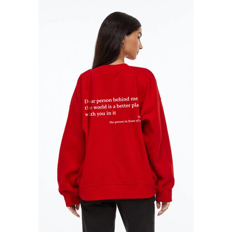 Women's Fleece-Lined Slogan Sweatshirt - Plain Color, Round Neck