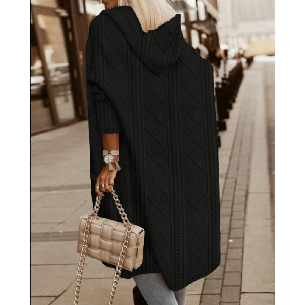 Dámský ležérní dlouhý kardigan s kapucí a kapsami - béžový, kulatý výstřih, dlouhý rukáv, podzimní/zimní móda, vrstvení, mikina svetr