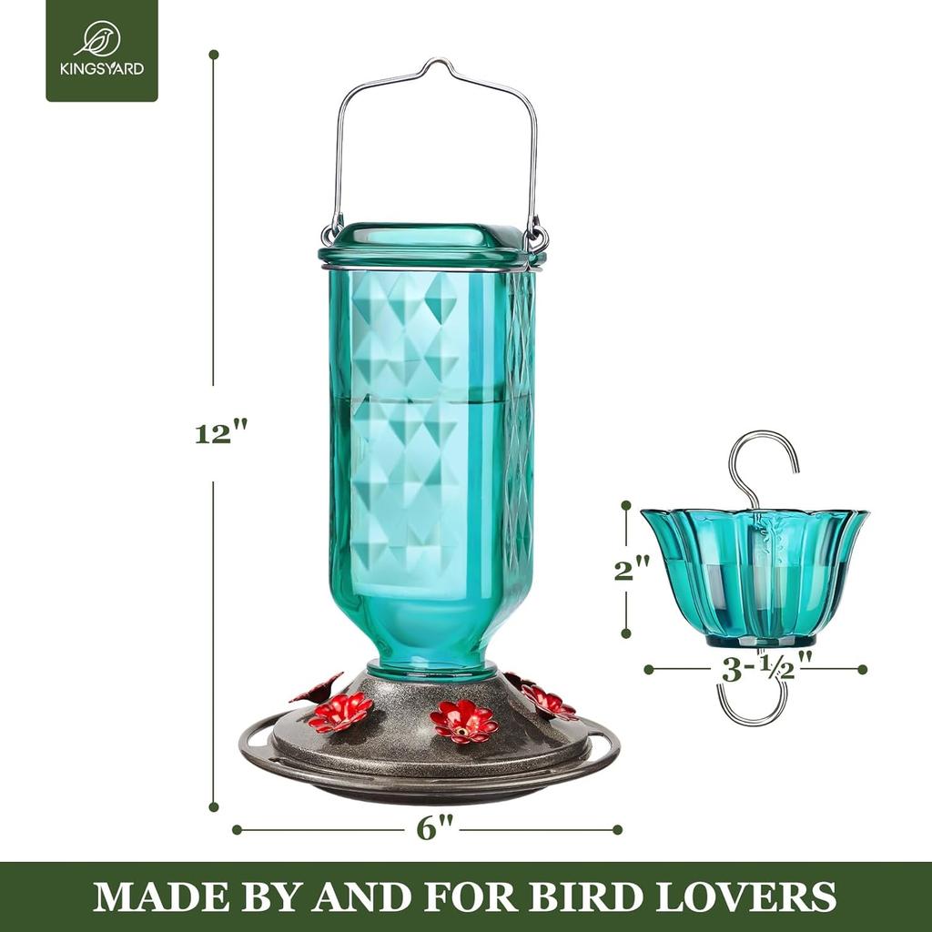Glass Hummingbird Feeder for Outdoor Hanging, 24 Ounces, 6 Feeding Ports, Bird Nectar Feeder for Garden Décor, Ant Moat Included, Turquoise