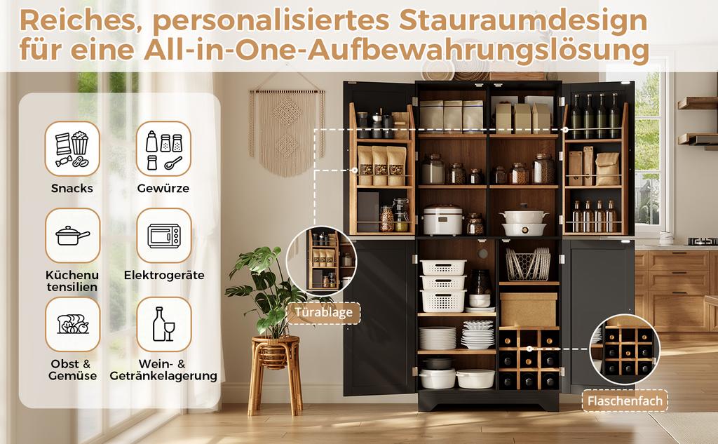 Mobile da Cucina, Alto con 4 Ante a Scomparsa, Portabottiglie e Ripiano sulla Porta, per Soggiorno e Sala da Pranzo, 80 x 40 x 180 cm