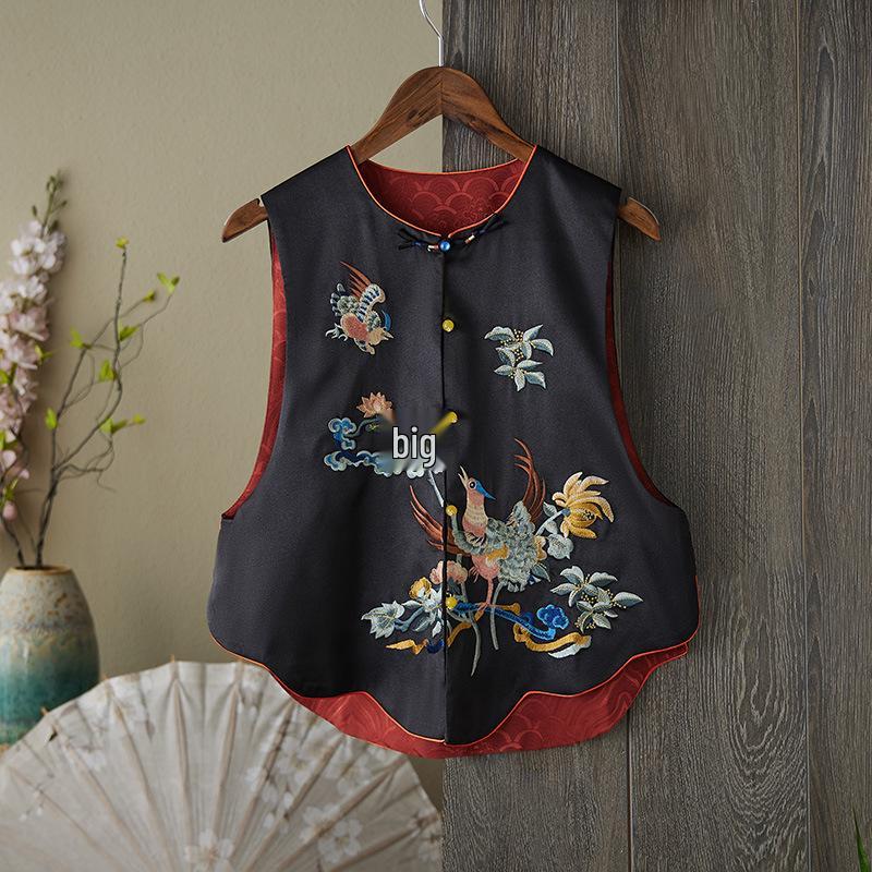 

Двусторонний жилет из ацетата с вышивкой в китайском стиле и застежками-лягушками XXXL чёрный