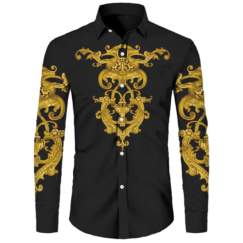 Golden Flower Pattern Print Men's Shirts Casual Single-Breasted Cardigan Long Sleeve Shirt Fashion Trend Tops Men Clothing