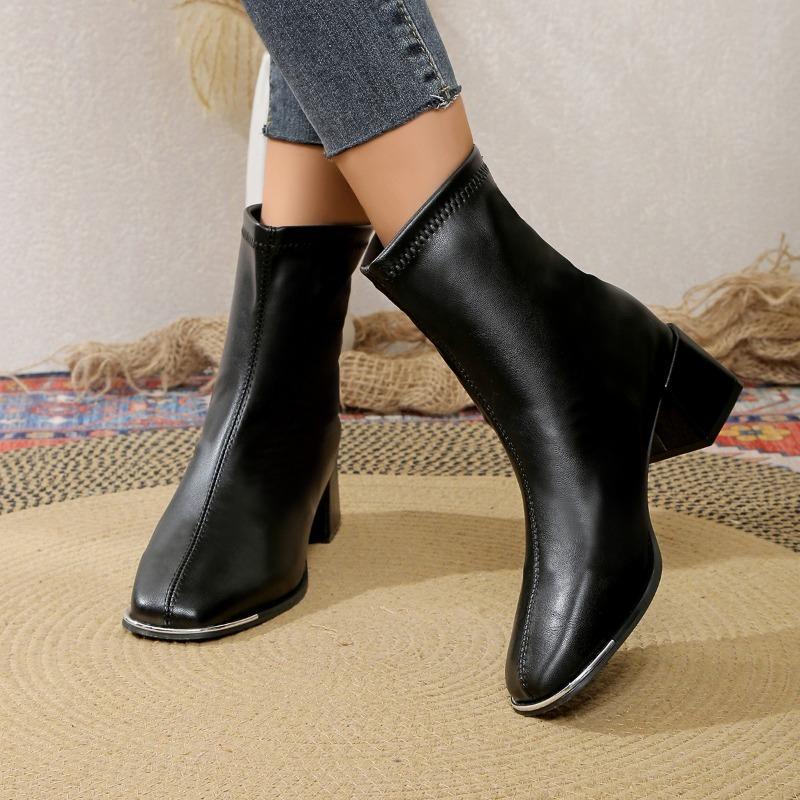 2024 Hot Sale Zipper Women's Boots Winter Square Toe Suede Warm Solid Short Barrel Chunky Heels Fashion Boots Ladies Shoes