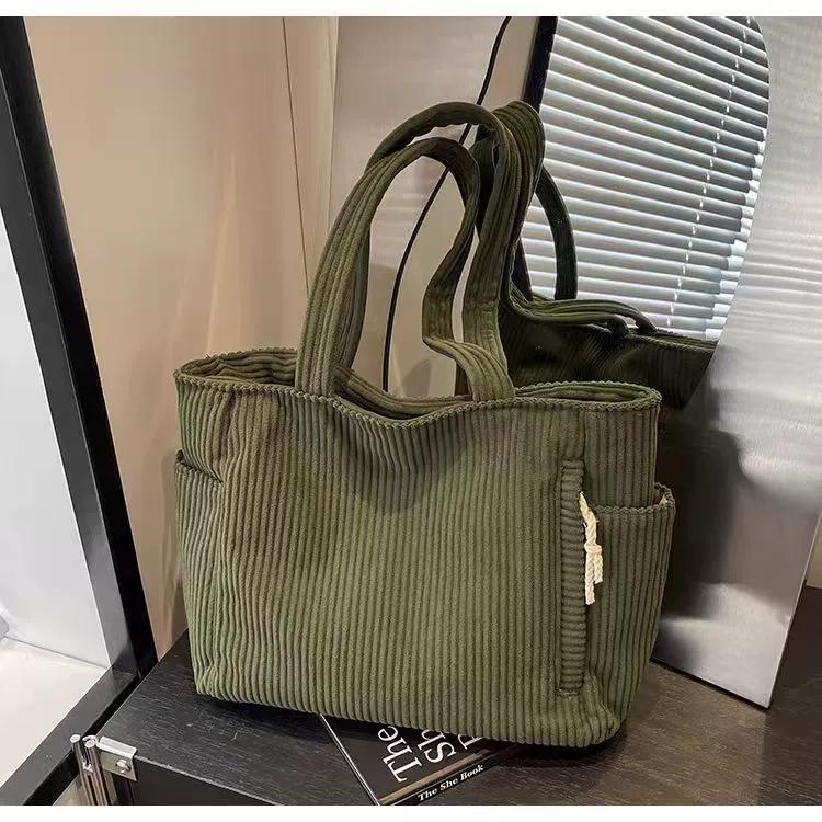 Casual Corduroy Handbag with Zip Closure Lightweight and Large Capacity Fixed Shoulder Strap and Polyester Lining Solid Everyday Commuter Handbag