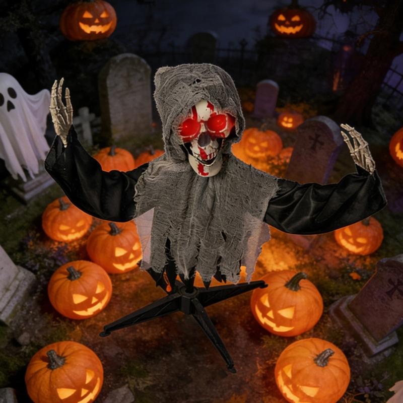 Animierter sprechender leuchtender Totenkopf Gartenspieß Automatisches Schwingen Halloween-Skelette Requisiten für Halloween-Dekorationen Mit realistischen Schwingbewegungen