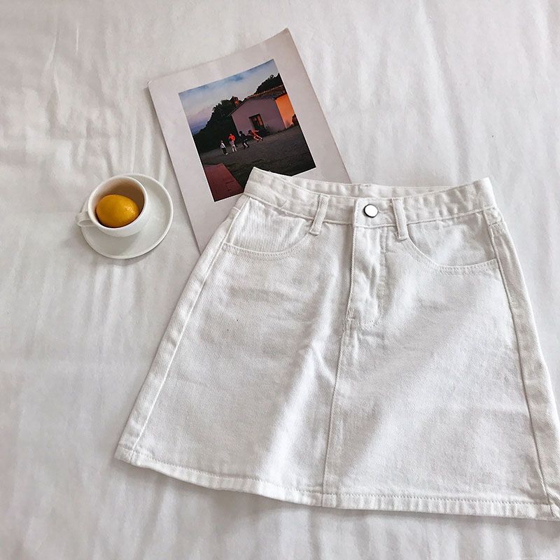 

Женская летняя универсальная джинсовая полуюбка с высокой талией, корейская версия студенческой простой однотонной короткой юбки трапециевидной формы на бедрах XL белый