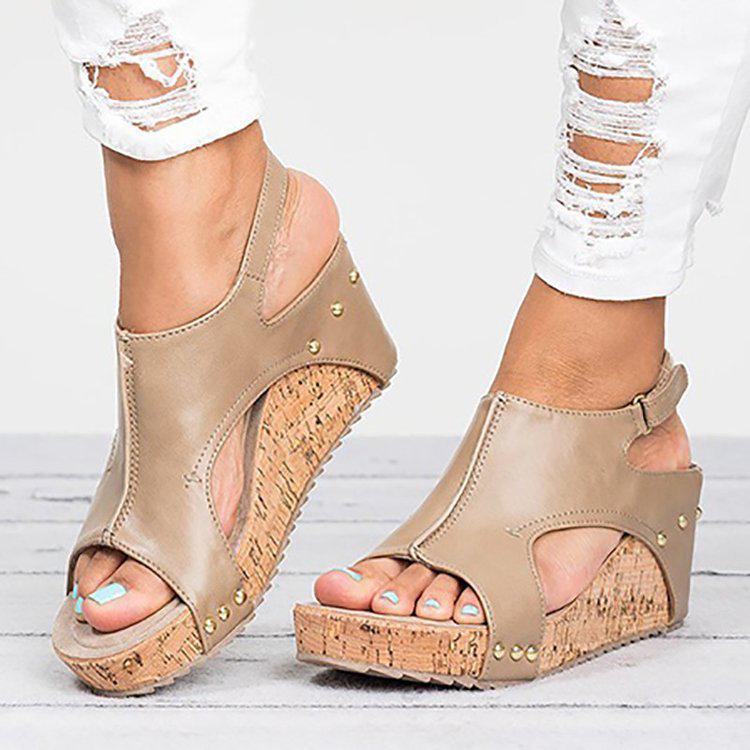 Spring and summer new rivet wedge heel fish mouth sandals women's large size waterproof table hollow high heel women's sandals