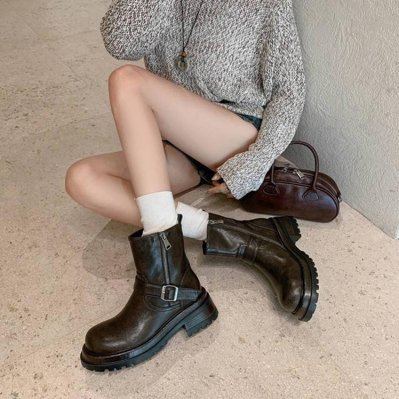 New leather black Martin boots side zipper thick-soled non-slip low boots versatile medium heel round head large size Martin boots