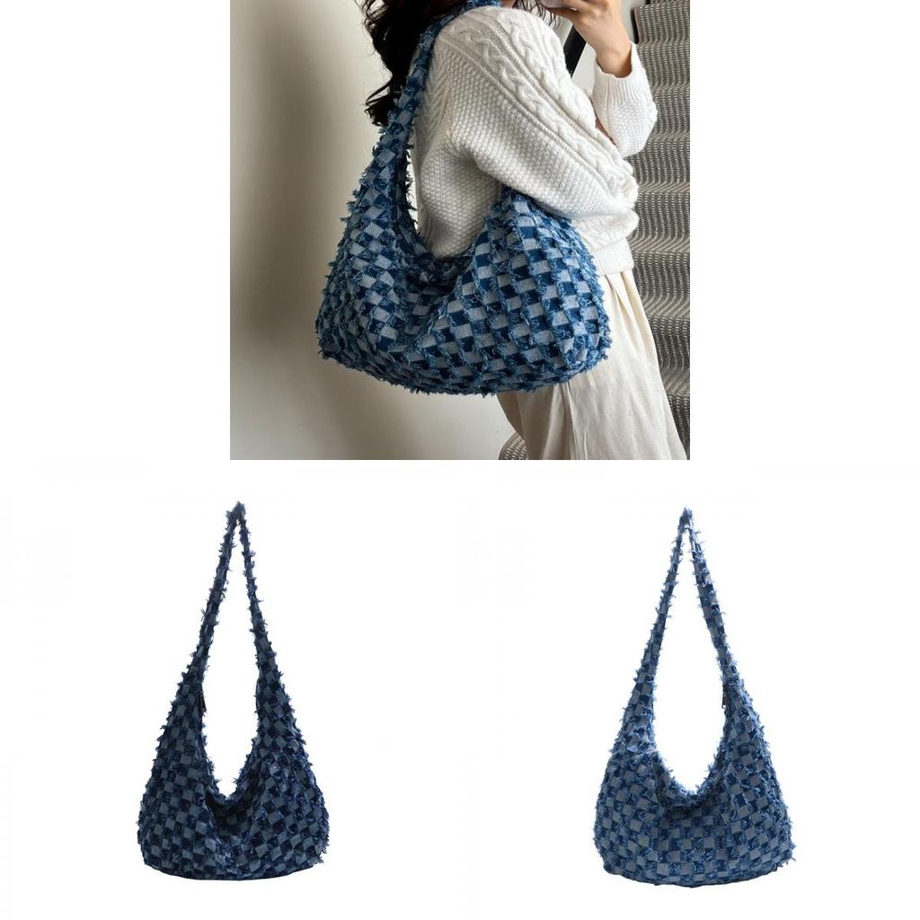 Denim Plaid Shoulder Bag With Zipper Closure For Casual Urban Style
