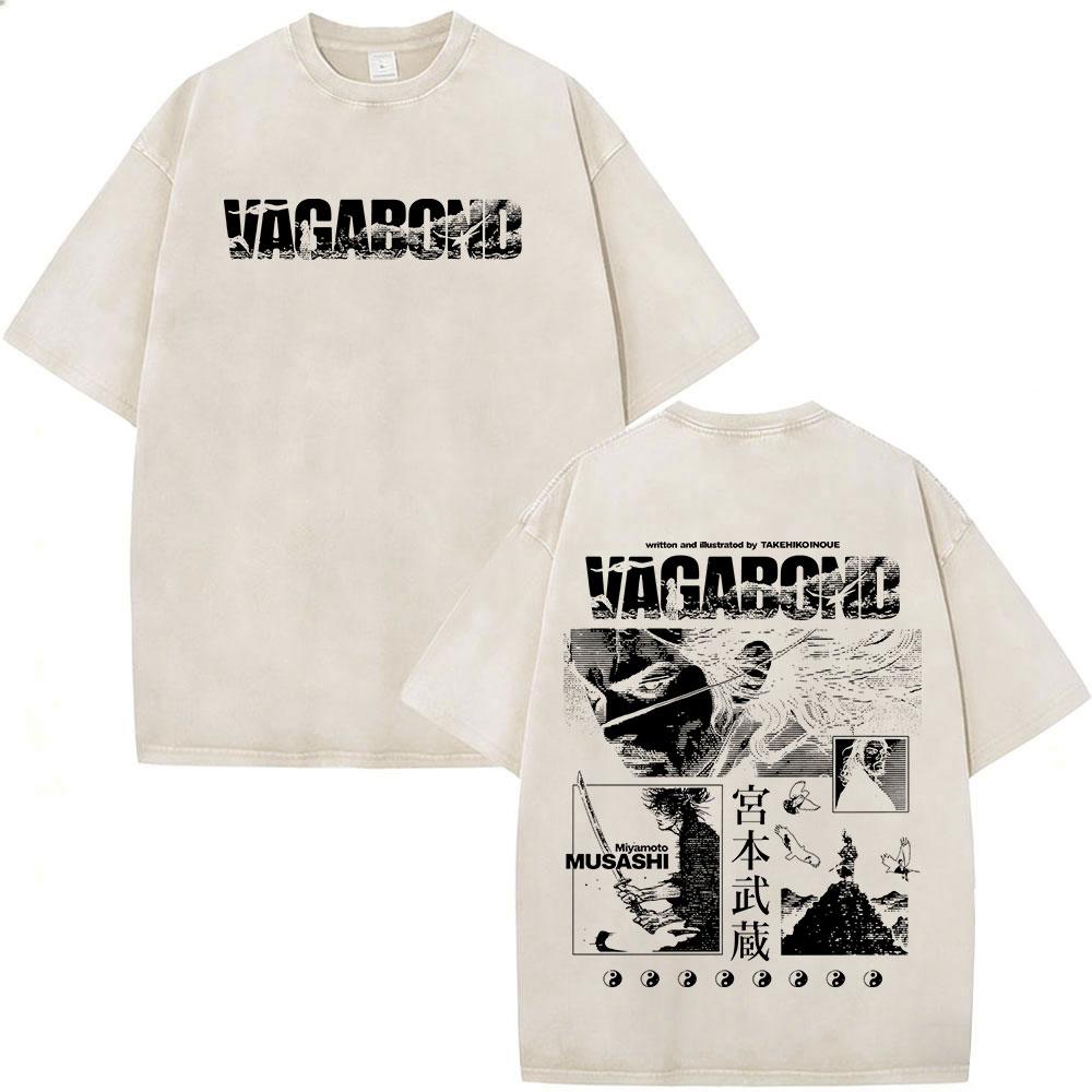 Anime Vagabond Miyamoto Musashi Vintage Washed Tshirts Men Women Clothing Fashion Casual Short Sleeve Oversized ONeck T Shirts