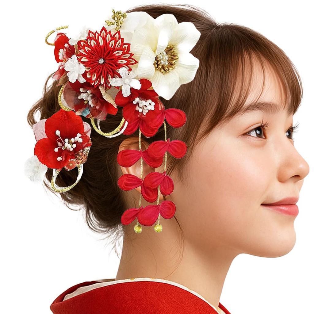 Hair Ornament Set Red and White Flower Kanzashi Chirimen Comb Style for Furisode and Hakama Two-Piece (kk-352) Tsumami-zaiku Kimono, Coming-of-Age
