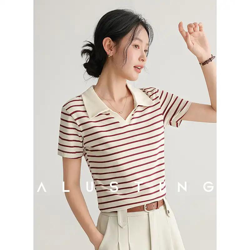 

Women s Striped Polo Top Slim Fit Short Sleeve Knit Casual Top L бежевий