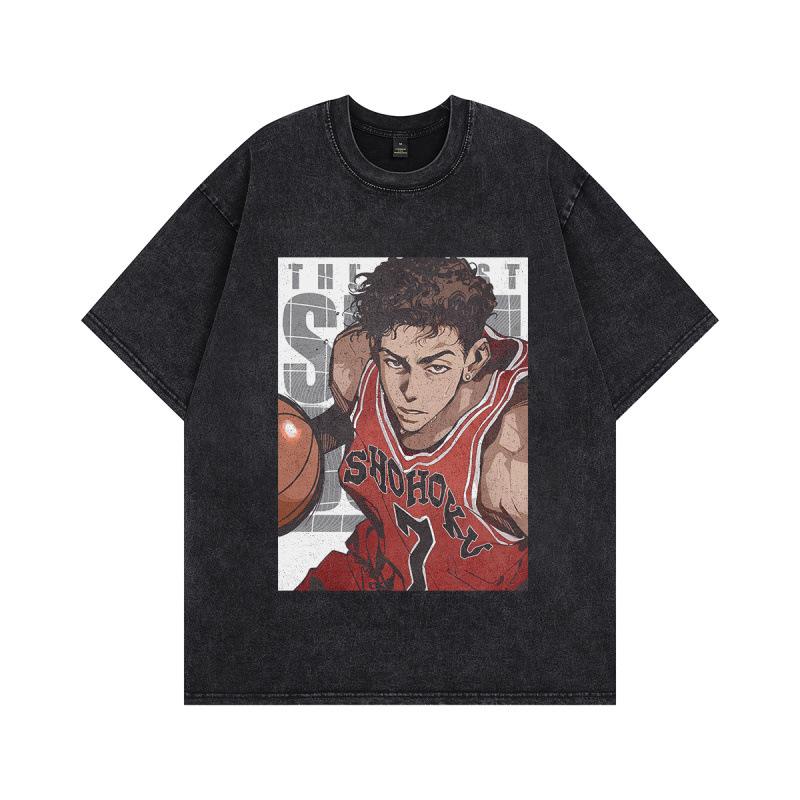 Japanese Cartoon Printed Hiphop Heavy Washed Old Short-Sleeved T-Shirt Men'S And Women'S Hip-Hop Retro Half-Sleeved Tee