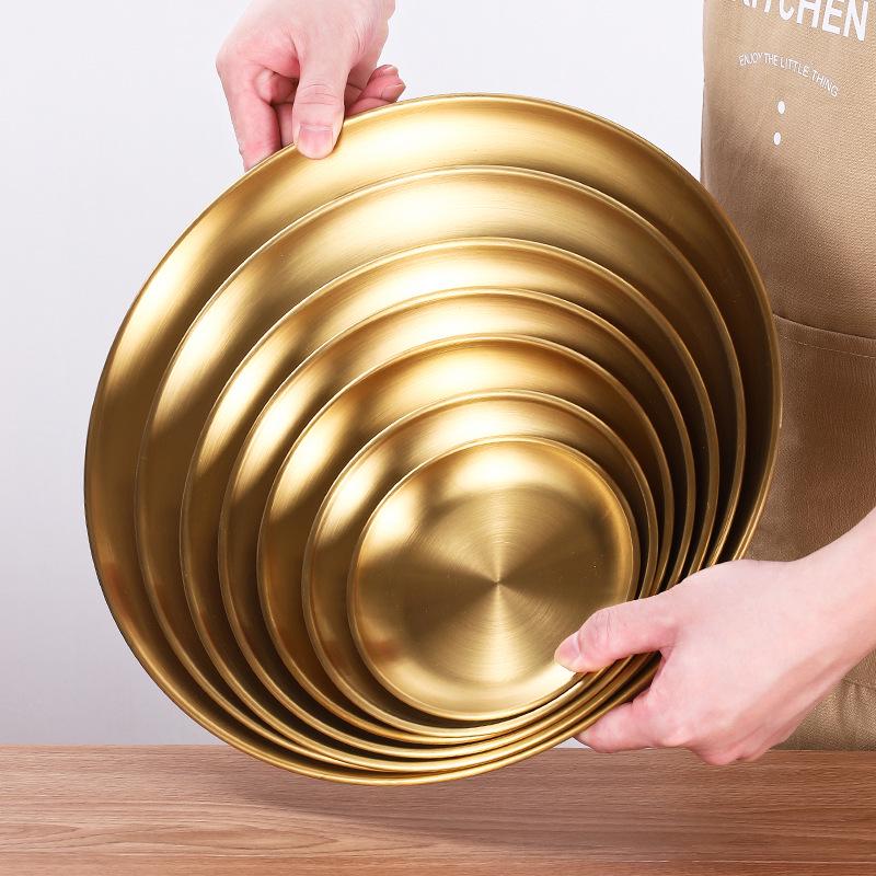 Gold Thickened 304 Stainless Steel Round Tray: Fruit, Cake, Bone Dish & Barbecue Plate – Korean Tableware.