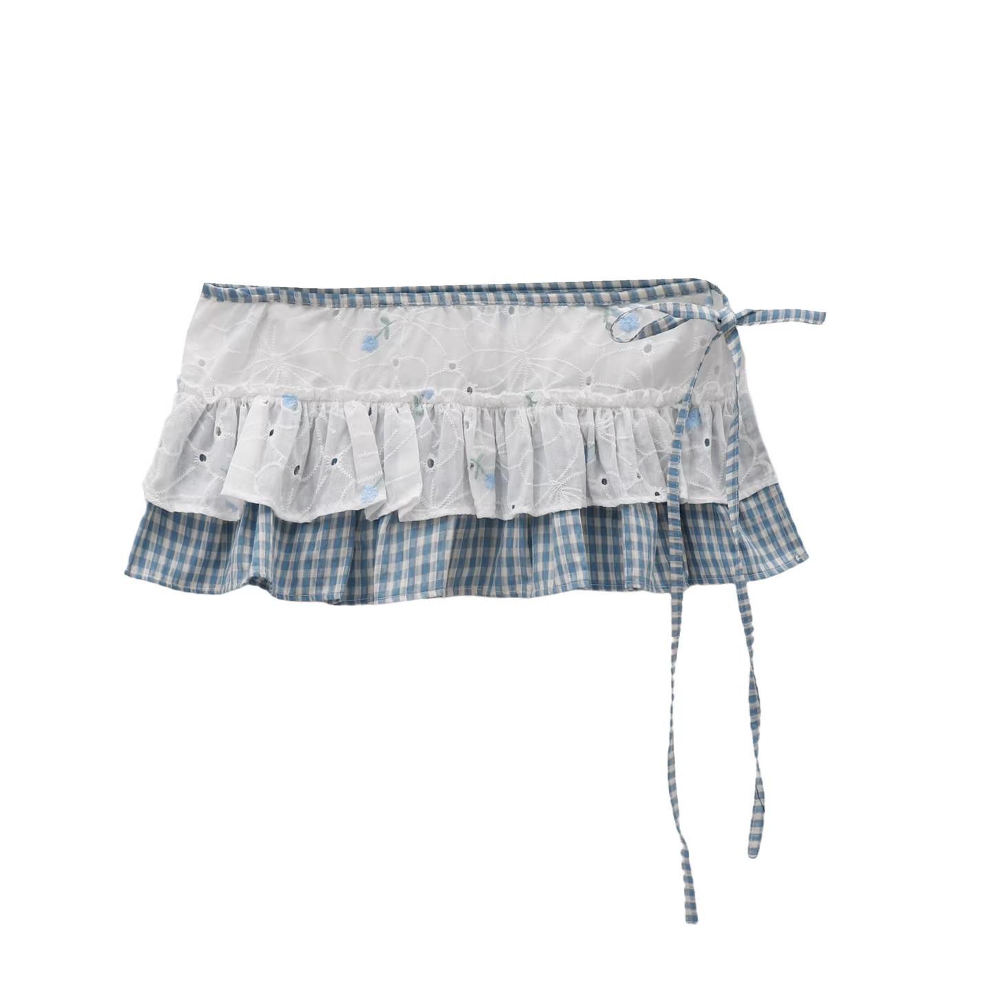 

Sweet Lace Plaid Ruffle Patchwork Skirt Curtain: Age-Reducing Women s Versatile Layering with Lace-Up Design One Size