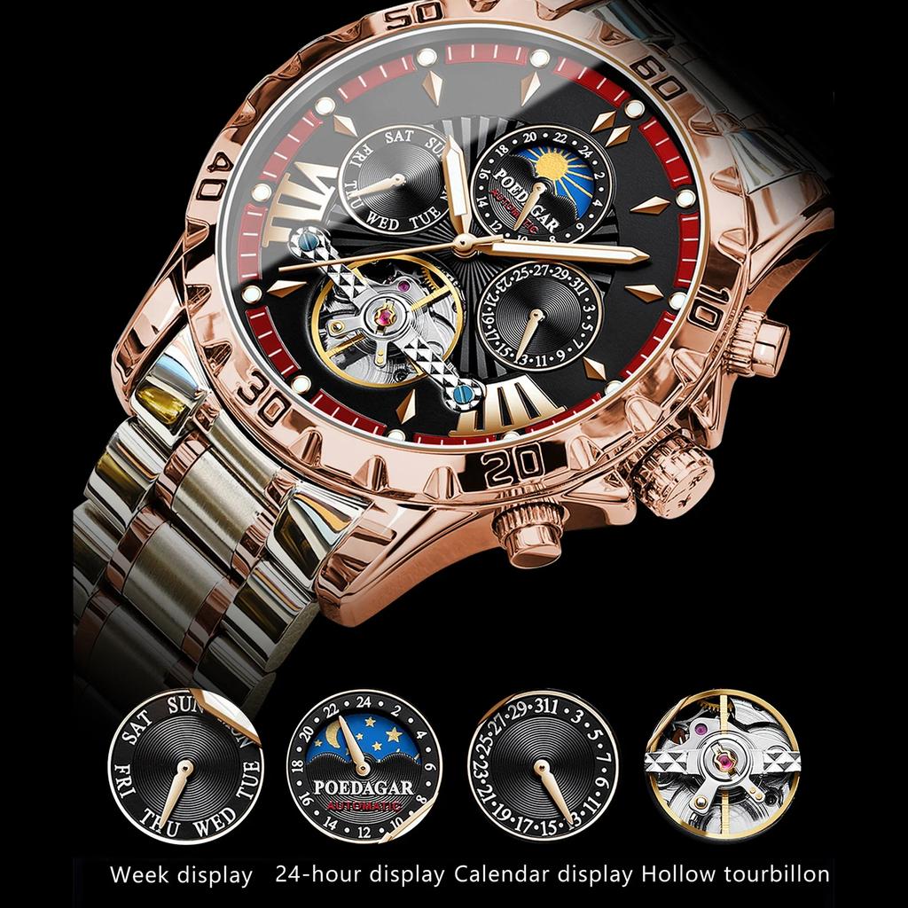 Für POEDAGAR 1410 Luxus Herren Automatik Mechanische Uhr Edelstahl Leuchtend Wasserdicht 22mm Armbandbreite Analoganzeige