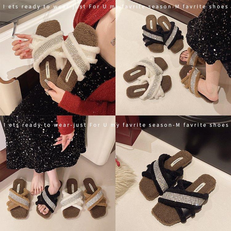 Internet-Berühmtheit flauschige Hausschuhe Damen tragen 2024 Herbst und Winter neu Strass flacher Boden Ein-Wort kleiner duftender Plüschhausschuhe