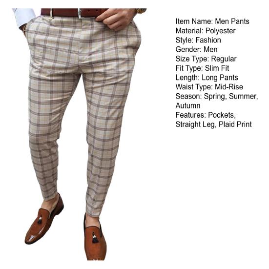 Mid-rise Zipper Button Fly Pockets Men Pants Autumn Plaid Print Straight Fit