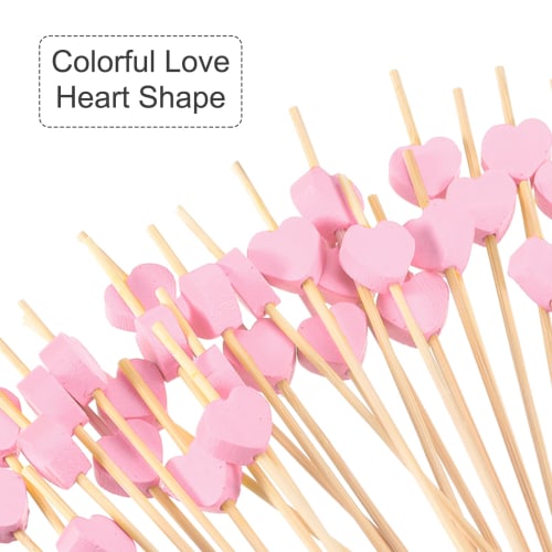 uxcell Cocktail Toothpicks, 120mm Bamboo Heart Shape Long Fruit Sticks for Decorating Cocktail Skewers, Drinks, Appetizers, and Fruit, Pink, 100 Piece