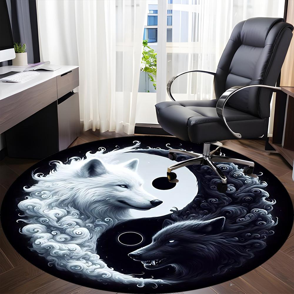 1pc Wolf YinYang Office Round Area Rug, Under Office Chairs Bedroom Living Room Home Decor, Room Deco, Available In Various Sizes