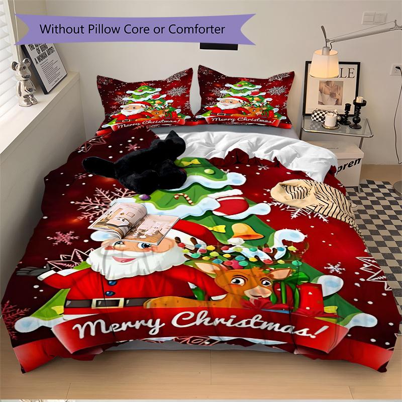 3pcs Merry Christmas! Santa Claus & Reindeer Bedding Set, Includes 1 Quilt Cover and 2 Pillowcases (No Core), Festive Gift for Bedroom