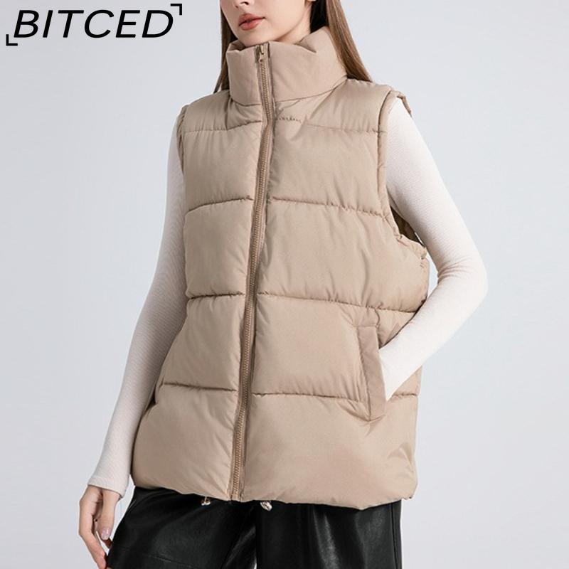 BITCED Women's Autumn/Winter Sleeveless Cotton Coat Mid-Length Stand Collar Thermal Down-Filled Cotton Vest Thickened Waistcoat Outerwear