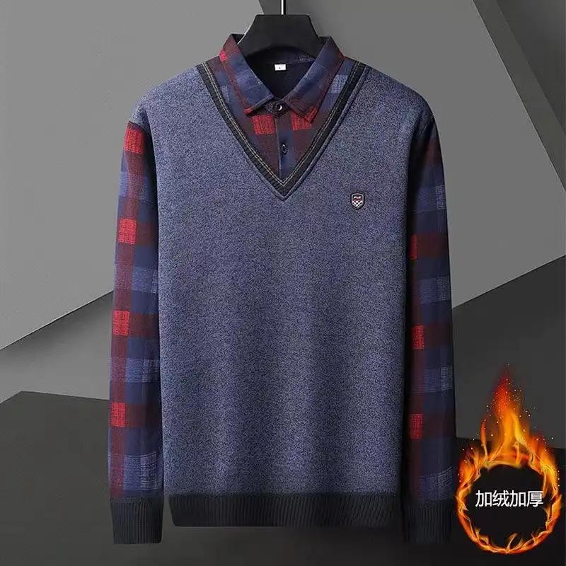 Autumn Winter Middle-aged Elderly Knitted Velvet Shirt Men's Thickened Sweater Base Warm Fake Two-piece Top