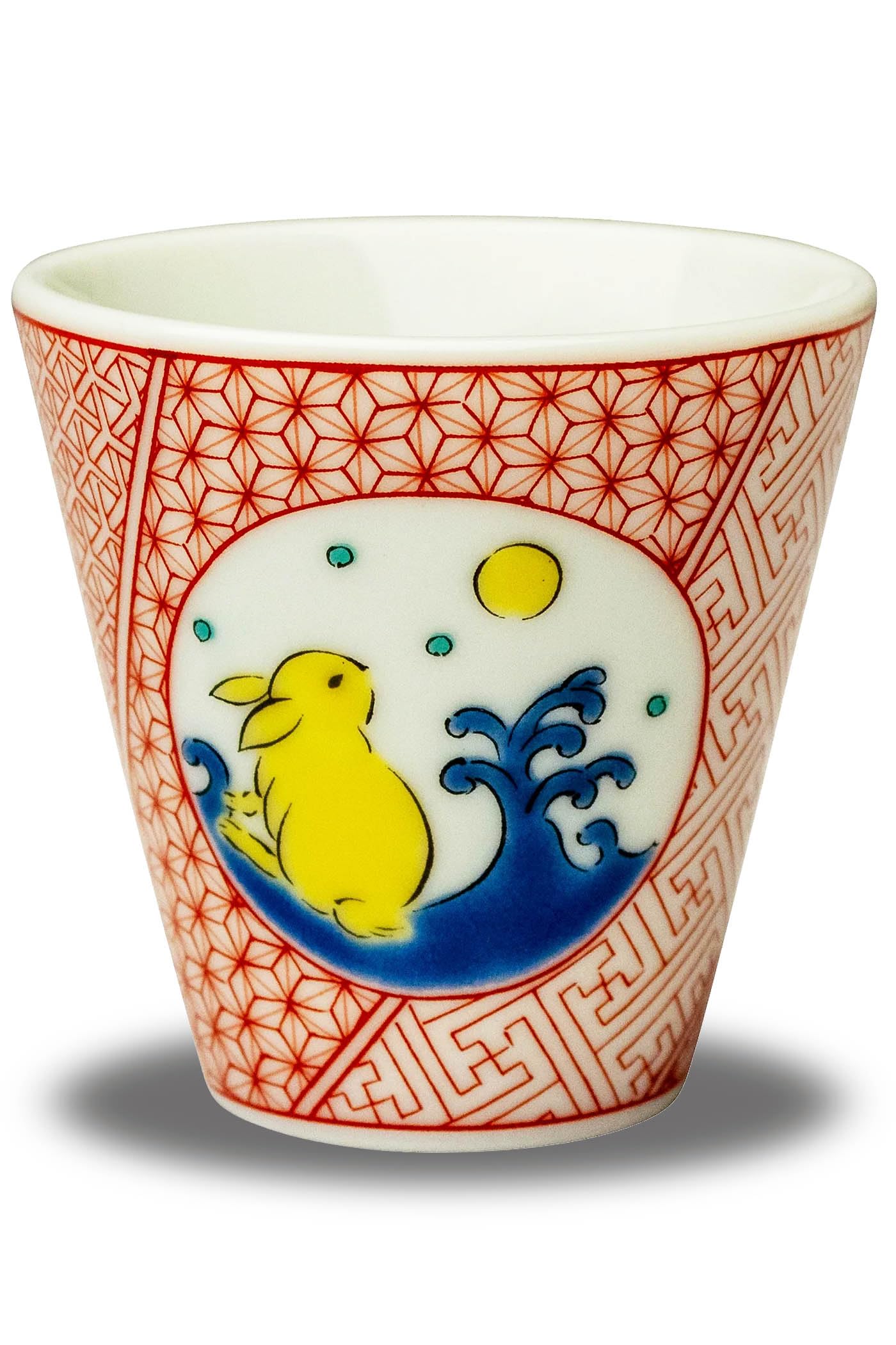 

Счастливая чашка для саке Waza no Kura, фарфор Кутани, дизайн с кроликом, керамика, название бренда, японская посуда, сделано в Японии