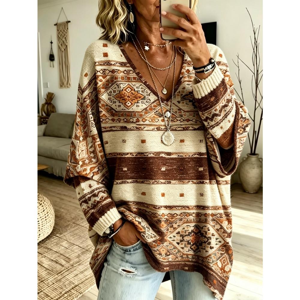 Modern Geometric Line Printed T-shirt, Plus Size V-neck Women's Ethnic Style, European and American Art Three-quarters Bat Sleeve Casual Top