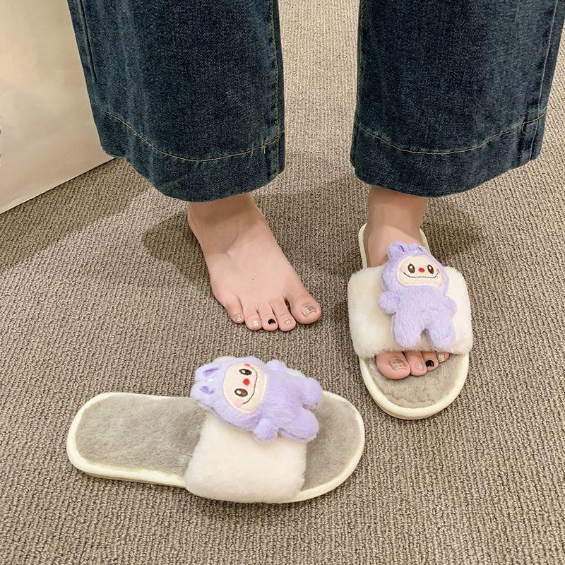 Flat Bottom Non-slip Warm One-word Cotton Slippers Cartoon Cute Fluffy Slippers Women's Autumn and Winter New Models