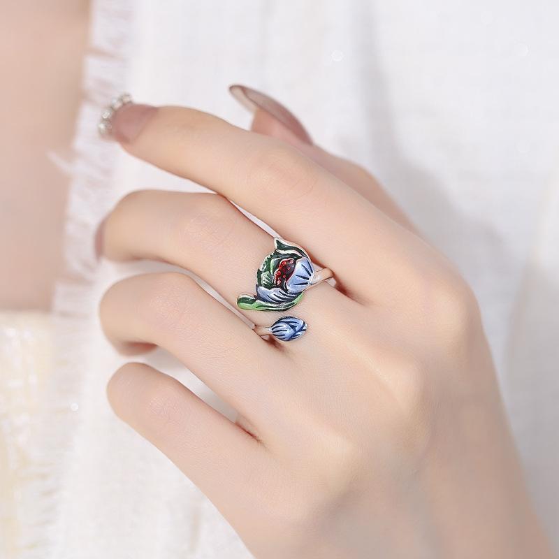 Retro Court Blue Enamel Lotus Ring Women 'S National Tide National Wind Drops Craftsmanship Individual Jewelry