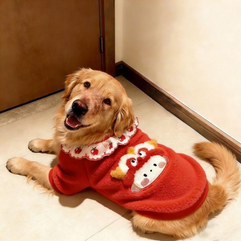 Big Dog New Year Clothes Golden Mar Labrador Winter Frozen Festive Lace Collar Embroidery Large Dog Lamb Fleece