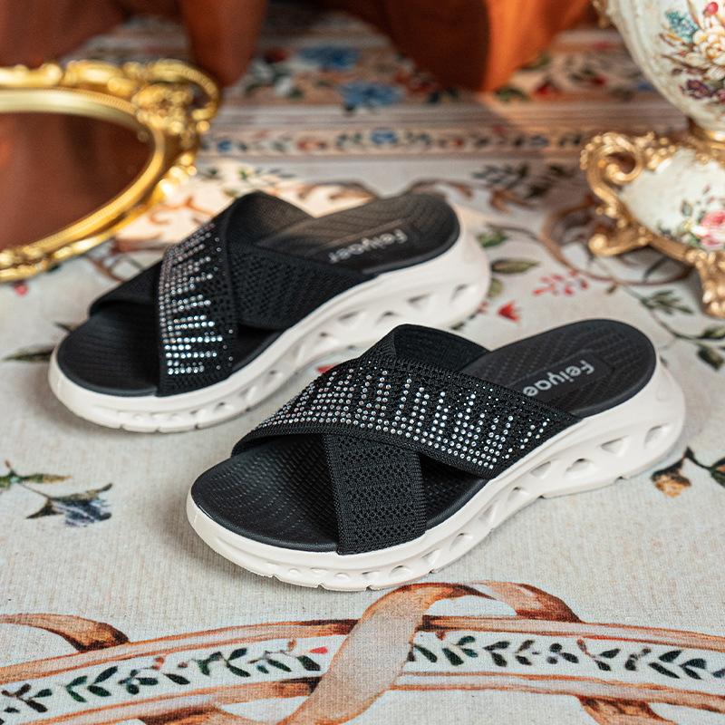 Sandals Women's Sports Sandals 2025 Summer Thick Soled Rhinestone Knitted Sandals Casual Comfortable Sports Cool Slippers
