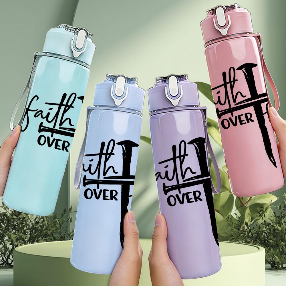 1PC Faith Over Fear Cross Religious Print 750ml Color Plastic Sports Water Bottle Leakproof Flip Straw Lid Suitable for Sports Office Home Use