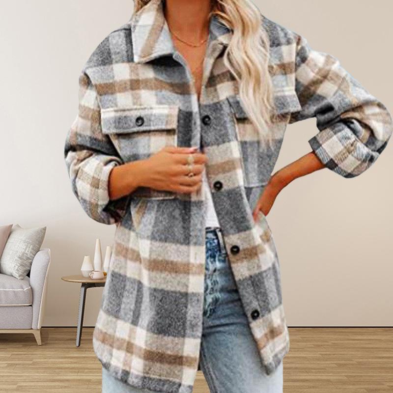 Herbst-Damenjacke, modischer urbaner Stil, lockere einreihige karierte Jacke