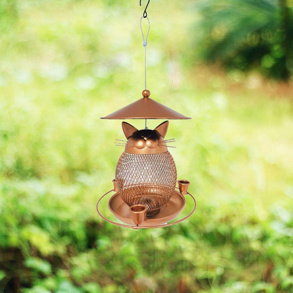 Cute Bird Feeder Squirrel-proof Hanging Parrot Feeding Station Large Capacity Cat-Shaped Bird Water Bowl Outside Patio