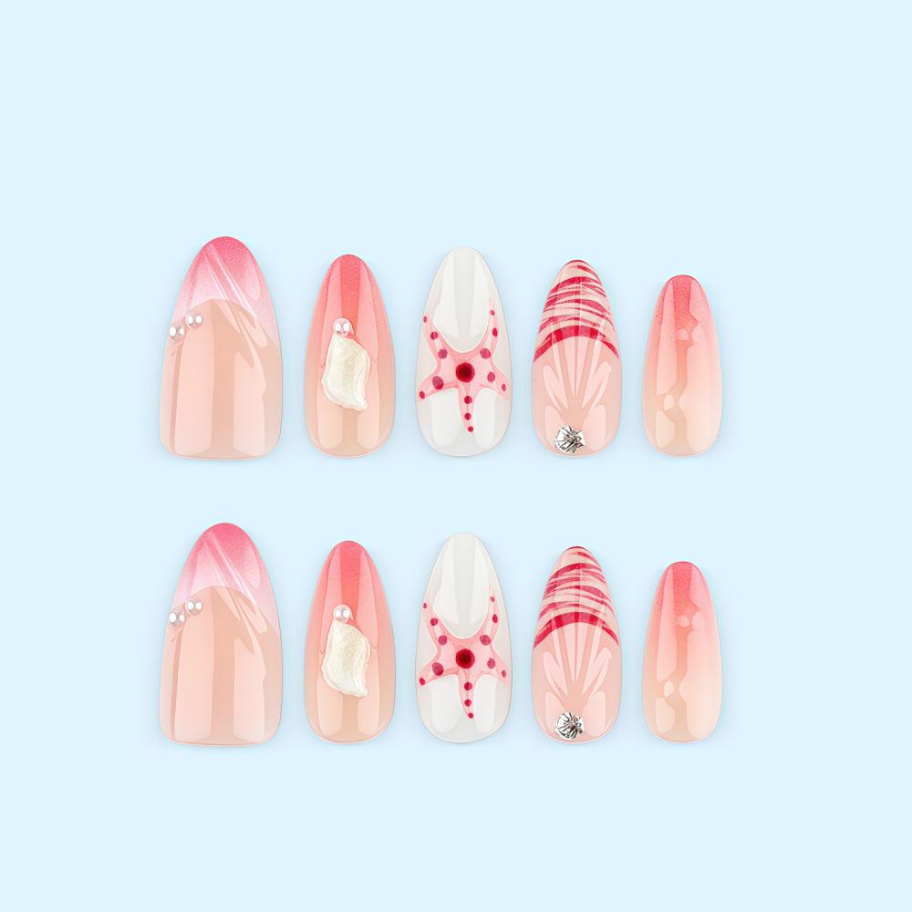 3D Almond Sweet Ocean Pink Starfish Pearl Rhinestone French Wearable Nails