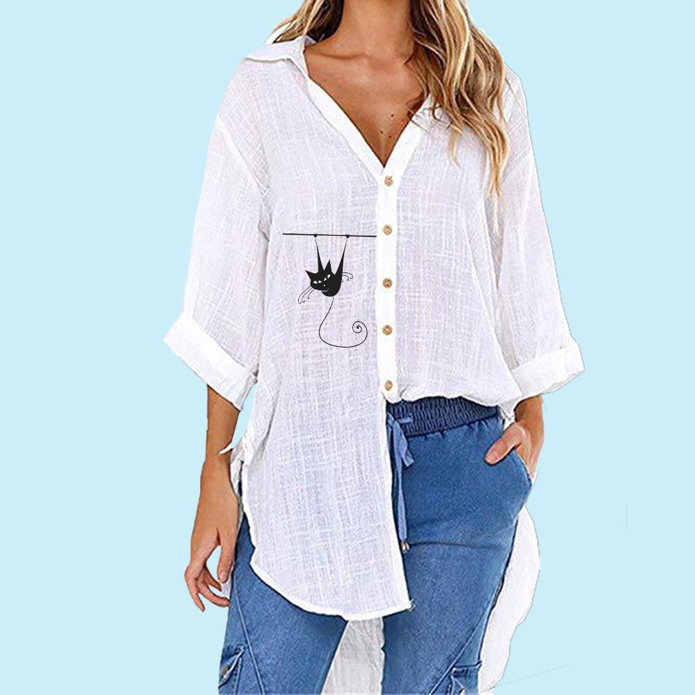 Damenmode Katzendruck-Shirt Sommer- und Herbstmode Halbarm Button-Down-T-Shirt Damen Casual V-Ausschnitt Top Lose Lange Blusen